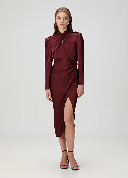 Red Collar Detailed Midi Evening Dress